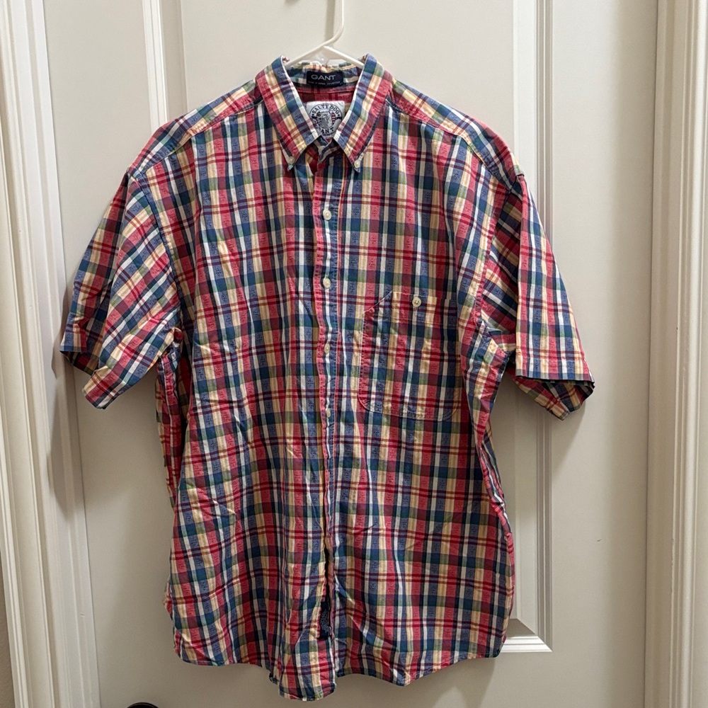 Vintage Gant Salty Dog Button Down Half Sleeve Shirt size XL Blue Red & Yellow